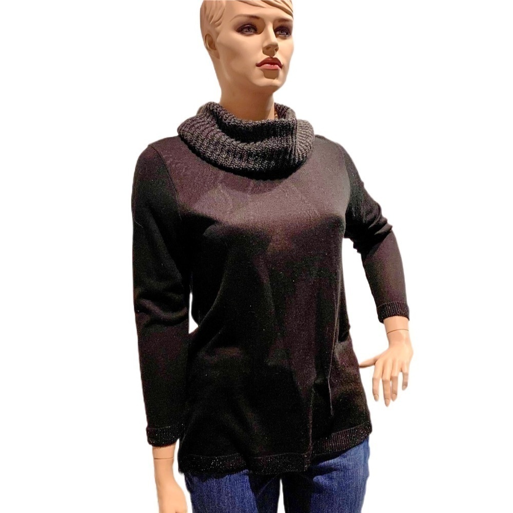 Apt 9 Sweater Tunic & Cowl Scarf Plus 1X Black w/ Silvery Threads on Cuffs & Hem